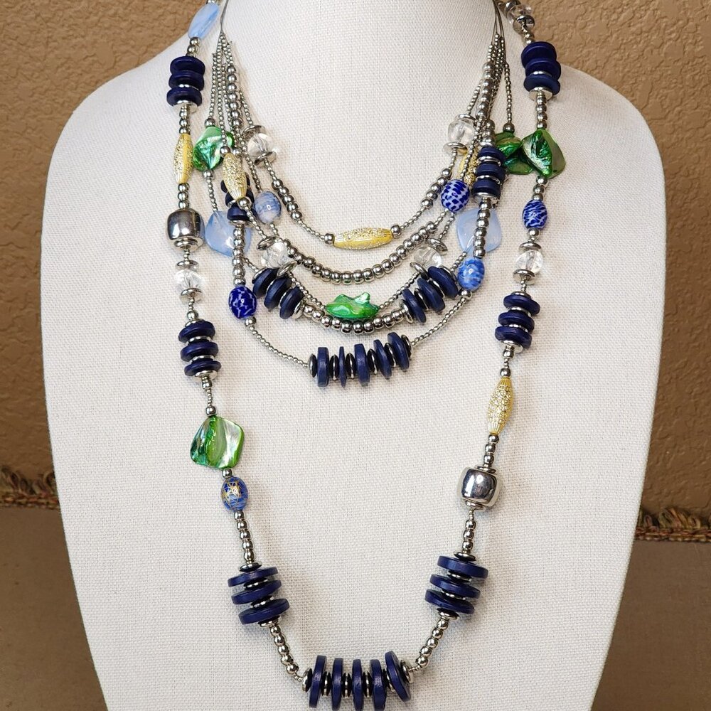 Chico's Mulitcolor Beaded Necklace Blue Green Yellow Silver Tone Lot of 2